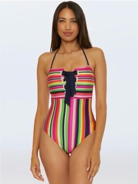NWT Trina Turk One Piece Bandeau Lace Up Front Splash Stripe Swim Suit Size 8